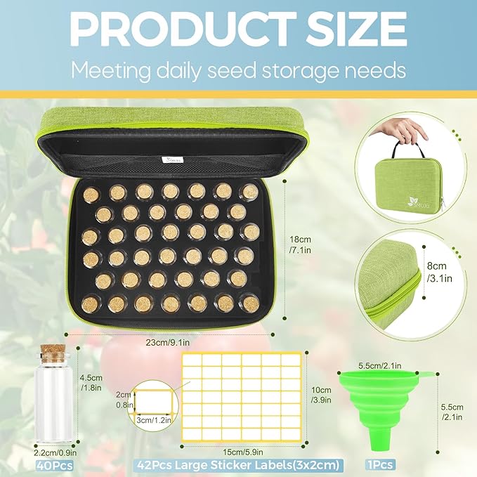 【40 Slots】 Seed Storage Organizer, Sturdy Organizer Box with Dual Zipper Bag and 42Pcs Label Stickers, Glass Seed Storage Container for Flower Vegetable Plants Garden Seeds Saving, Green