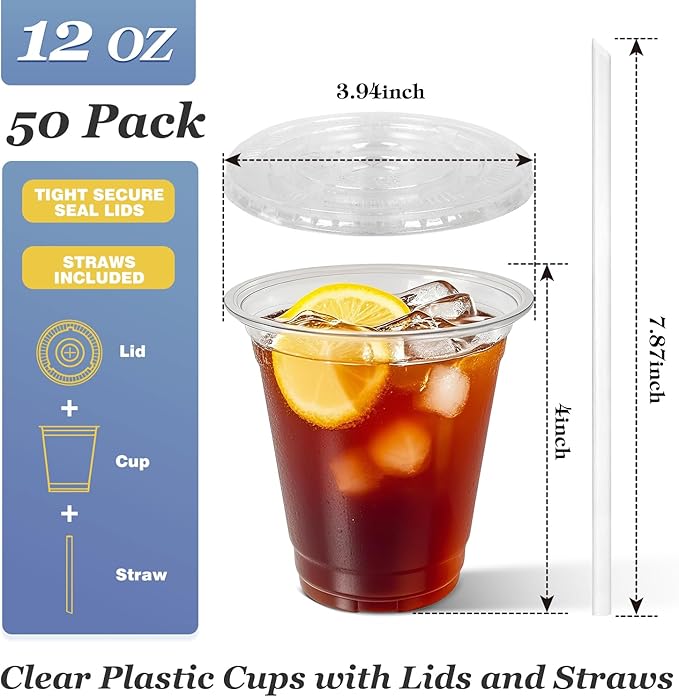 Charmount 50 Sets- 12 oz Clear Plastic Cups with Lids and Straws, Disposable To Go Cups for Cold Drinks, Iced Coffee, Milkshakes, Smoothies