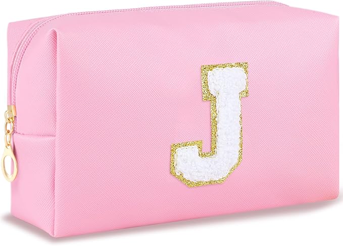 Gifts for Teacher Initial Makeup Bag Personalized Cosmetic Bag Cute Travel Toiletry Bag Small Chenille Letter PU Makeup Pouch Organizer Preppy Birthday Gift for Daughter Teen Girls (Pink J)