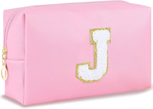 Gifts for Teacher Initial Makeup Bag Personalized Cosmetic Bag Cute Travel Toiletry Bag Small Chenille Letter PU Makeup Pouch Organizer Preppy Birthday Gift for Daughter Teen Girls (Pink J)