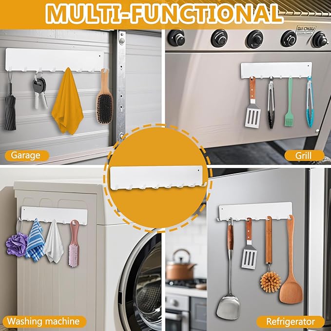 Magnetic Key Holder for Frideg,Heavy Duty Strong Magnetic Key Hanger with 8 Hooks for Refrigerator,Magnetic Kitchen Utensil Holder for Metal Surface in Entryway,Garage,Pantry (White)