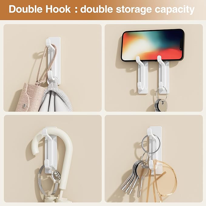 Self Adhesive Wall Hooks for Hanging: Extra Strong 13 LB, Hooks for Coats, Towels in Bathrooms, Showers, Kitchens, Walls, Doors, White, 6 Pack
