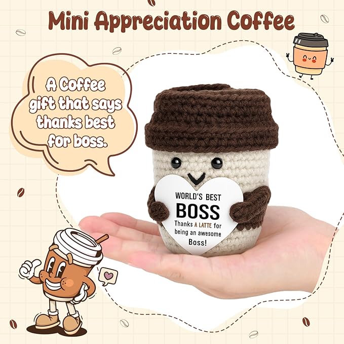 Agantree art Best Boss Birthday Gifts for Women Men Female Male Coffee Lover Leader Manager Supervisor Crochet Coffee Mug Cup Desk Office Decor for Retirement Promotion Leaving Boss Day Christmas