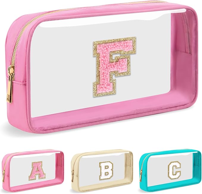 Personalized Initial Letter Clear Makeup Bag, Preppy Small Nylon & PVC Cosmetic Zipper Bag with Chenille Letter, Portable Beach Travel Skincare Toiletry Bag, Trendy Monogram Gift for Teen Girls Women, F