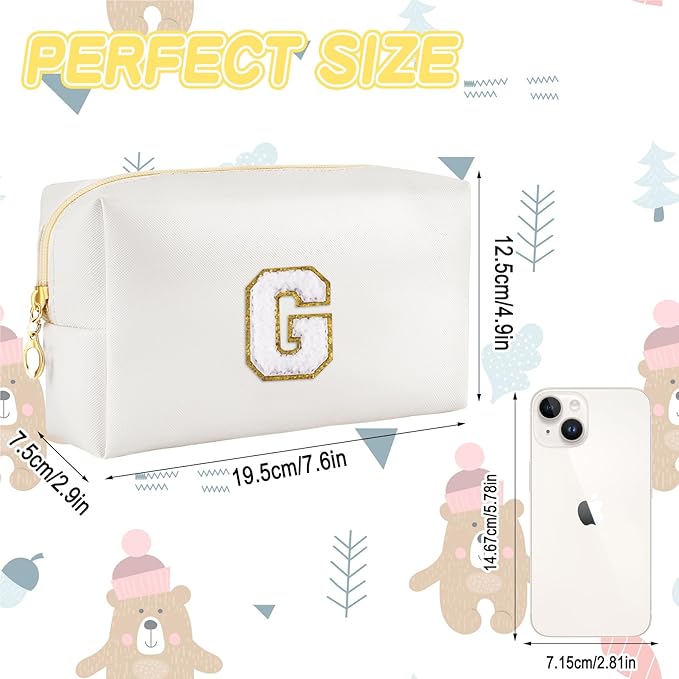 Gifts for Girls Initial Makeup Bag Personalized Cosmetic Bag with Zipper Cute Travel Toiletry Bags Waterproof PU Preppy Makeup Pouch Birthday Gift for Teen Girls Women(White G)