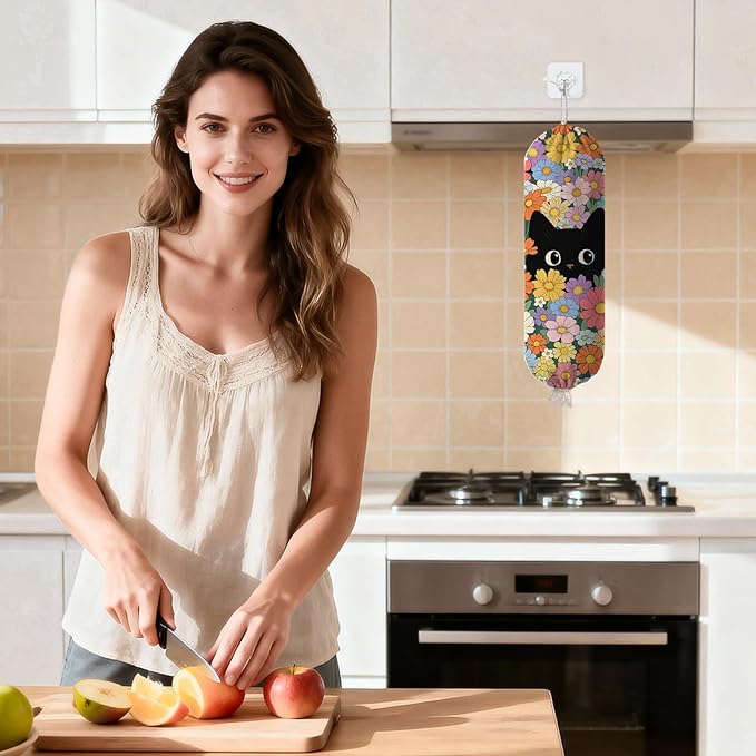 Floral Cat Plastic Bag Holder Dispenser, Plastic Grocery Bag Organizer & Wall Mount Paper Trash Bags Saver Storage for Kitchen Home Pantry Decor, Cat Kitchen Decor Shopping Bags Storage Dispenser