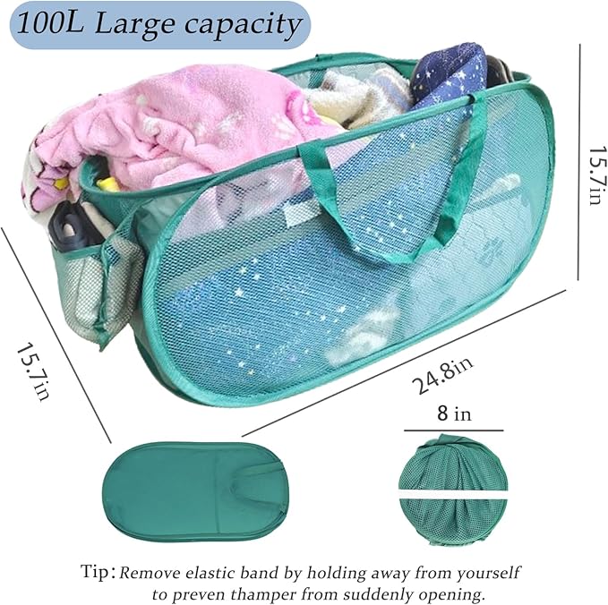 100L Foldable Laundry Baskets 2 Pack, Extra Large Mesh Pop Up Laundry Hamper, Dirty Clothes Hamper with Handles, Pop-up Hampers for Laundry Travel. Dorm or Home Portable Clothes Baskets.Green 2H