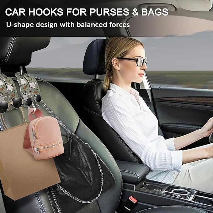 Blusabaca 2PCS Car Hooks for Purses Bags, Halloween Spooky Cute Cat Witch Magic Seat Back Storage Headrest Holder Hanger PU Leather Double Metal Backseat Organizer, Women Car Accessories Organization