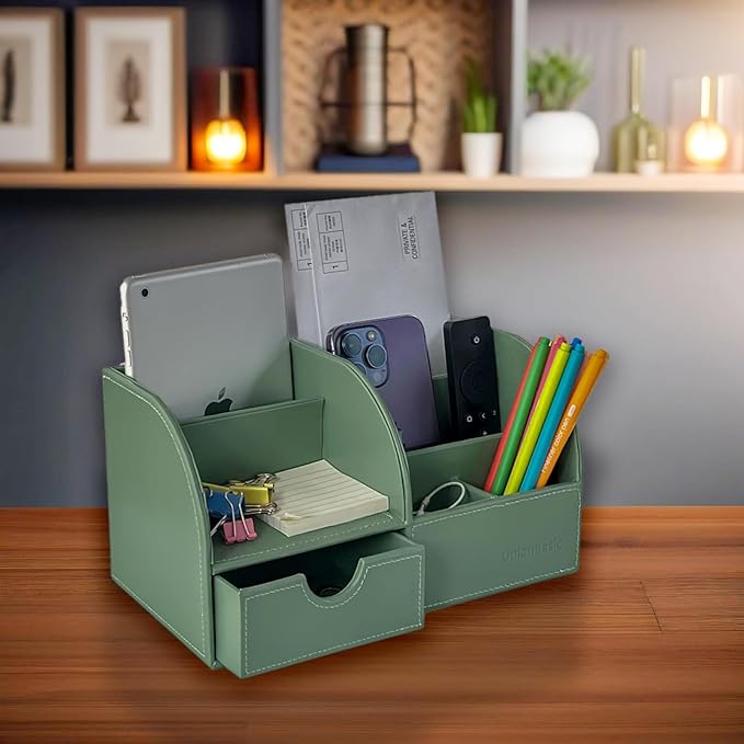 UnionBasic Desk Organizer, Multi-functional Leather Desktop Office Organizer, Pen Holder - Business Card/Pen/Pencil/Mobile Phone/Stationery Holder Storage Box, Malachite Green