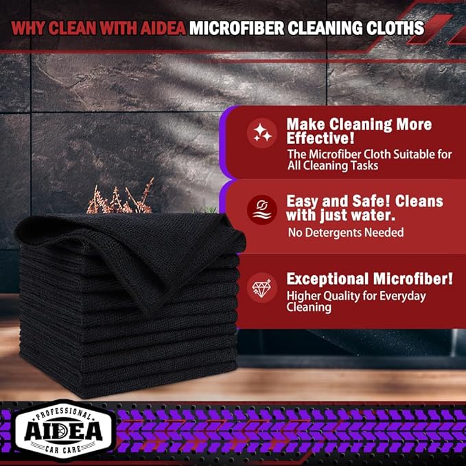 AIDEA Microfiber Cleaning Cloth Black 10PK, Microfiber Towels for Cars, Premium Washcloths, Dusting Cloths, Lint-Free Cleaning Rags for SUVs, House, Kitchen, Window, Cleaning Supplies 12×12"
