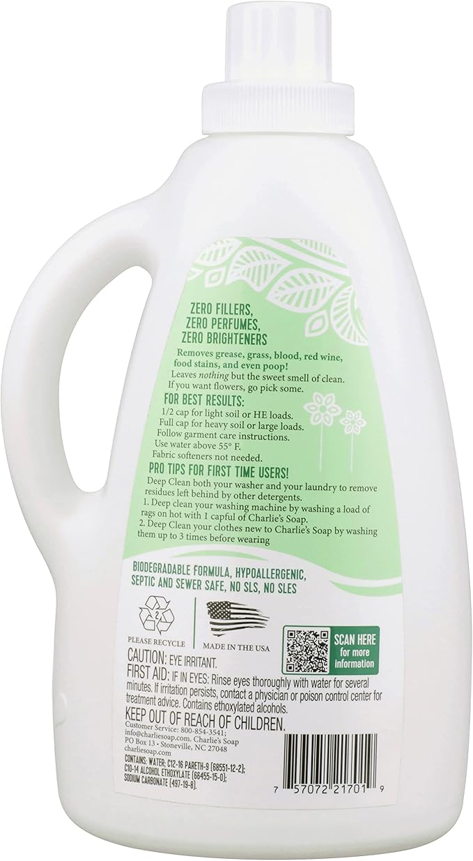 Charlie’s Soap Laundry Liquid (100 Loads, 1 Pack) 75.0 Fl Oz Natural Deep Cleaning Hypoallergenic Laundry Detergent – Eco-Friendly, Safe and Effective