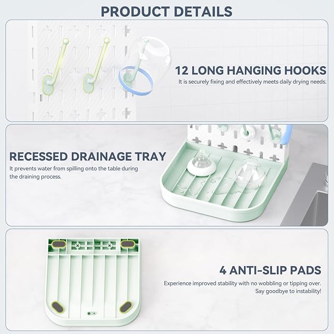 Baby Bottle Drying Rack Bottle Dryer Rack for 12 Bottle Drying Rack Space Saving Kitchen Countertop Vertical Cup Drainer Rack Detachable Baby Bottle Holder Storage Organizer Pump Part Dryer Rack Green