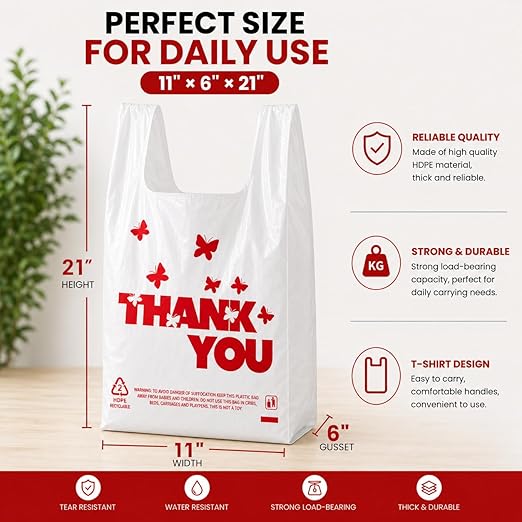 YoYoRain 1000 Pack White Thank You T-Shirt Bags with Handles, 11"x6"x21" Durable HDPE Plastic Carry-Out Shopping Bags for Grocery, Retail, Takeout & Small Business