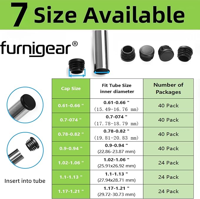 Furnigear Plastic Plugs Tubing End Caps Chair End Caps 1 1/4" Outside Bottom Round Tubing Caps Round Furniture Sliders Glides Black (Fit 1.17-1.21" Tube Inner Diameter, 24pack)