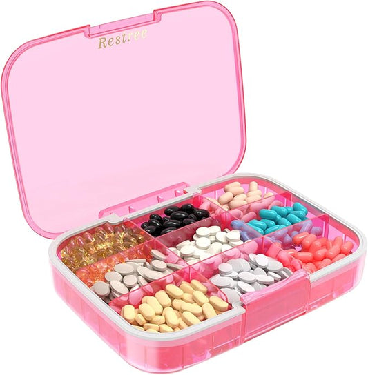 Restree Large Pill Organizer, Moisture Proof & Waterproof Travel Pill Case, Portable Medication Box with Adjustable Dividers for Vitamins Supplements Fish Oil and Daily Pills 9 Compartments (Pink)