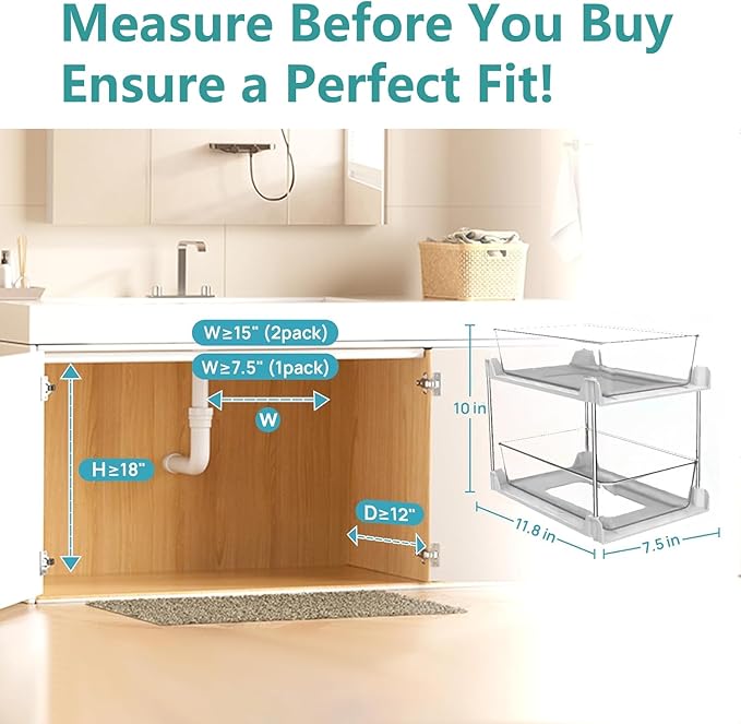 2 Pack Bathroom Organizers and Storage,2-Tier Clear Under Sink and Pull-Out Cabinet Organizer with Track for Kitchen, Pantry,Vanity Countertop,Medicine Cabinet,Closet Drawer Bins (White)