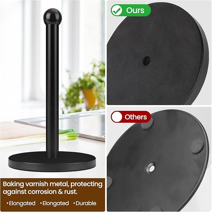Paper Towel Holder, Black Kitchen Paper Towels Holder Stand, Stainless Steel Paper Towel Holder -Weighted Base, Non-Slip Protect The countertop
