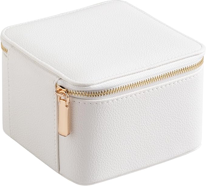 Frebeauty Small Travel Jewelry Box,Travel Jewelry Case with 6 Pouch Bags,Portable Travel Jewelry Organizer,Mini Jewelry Storage,3.35 x 4.9 x 4.8 Inches,Gift Idea for Women Girls (White)