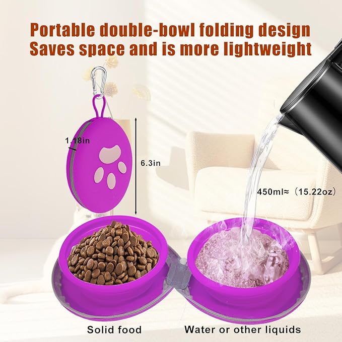 Collapsible Dog Bowls, 2-in-1 Silicone Pet Food and Water Bowl with Carabiner, Portable Double Compartment Dish for Travel, Camping, Hiking Puppy Essentials (Purple)