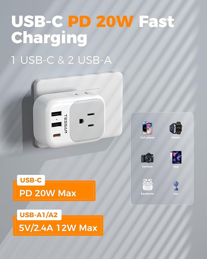 Italy Travel Plug Adapter PD 20W, TESSAN Type L Adapter for Travel with 4 Outlets 3 USB Ports (1 USB-C), Power Adaptor for US to Italy Chile Rome Uruguay Milan Libya