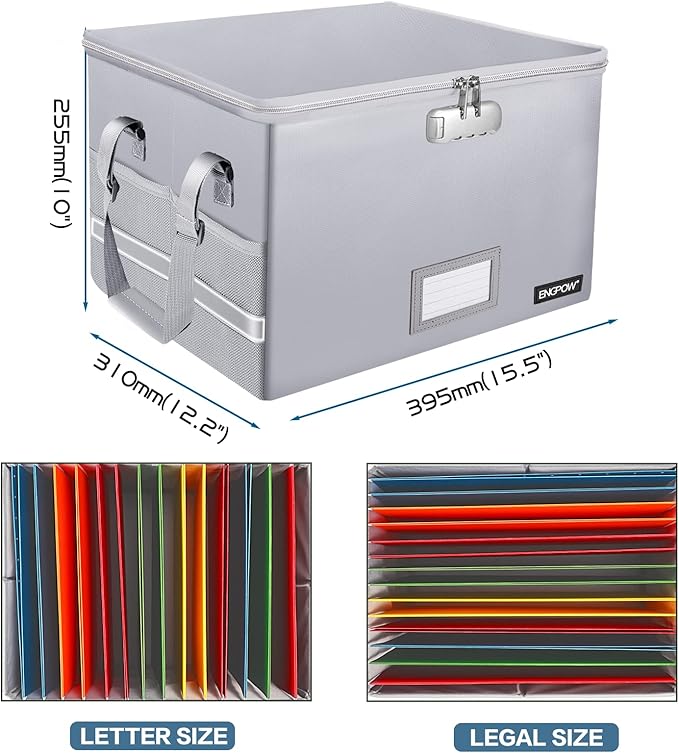 ENGPOW File Box with Lock, Fireproof Document Box with Pockets, Collapsible File Organizer Filing Storage Cabinet with Handle, Portable Home Office Safe for Hanging Letter/Legal Folders, Silver, 2 Pack