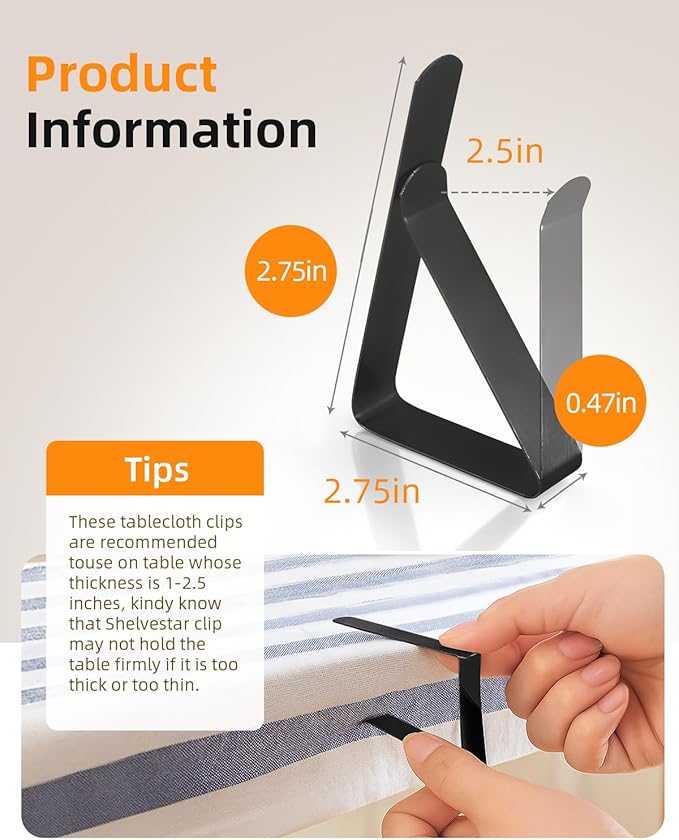 Tablecloth Clips for 2.5'' Thick Tables - 12 Pack Heavy Duty Picnic Table Clips, Stainless Steel Table Cloth Cover Clamps, Black
