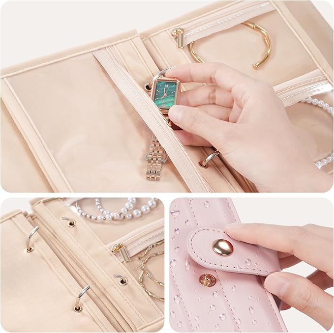 Lolalet Travel Jewelry Organizer Case, Portable Jewelry Storage Book Portfolio Binder with Zipper Velvet Pouch and Built-in Mirror for Women - Pink