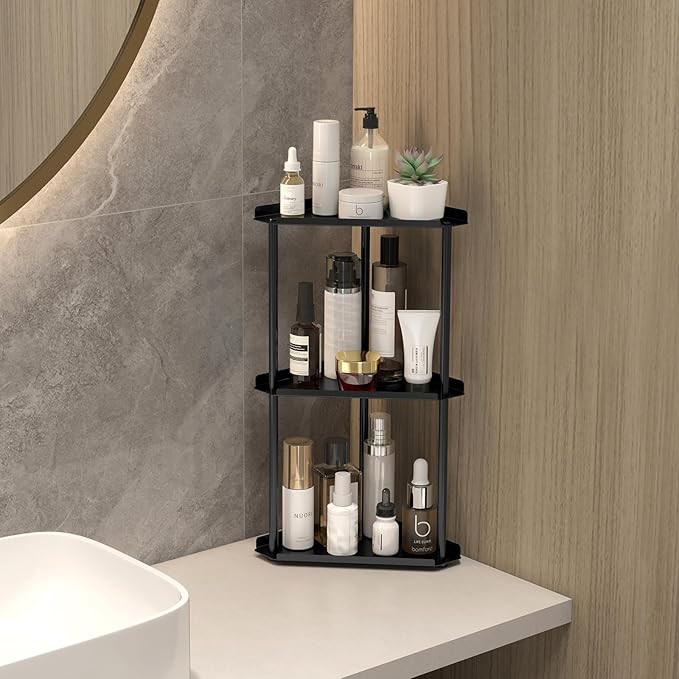 3 Tier Bathroom Counter Organizer, Vanity Organizer Corner Shelf, Skincare, Makeup Countertop Organizers, Kitchen, Bathroom Counter Storage, Black