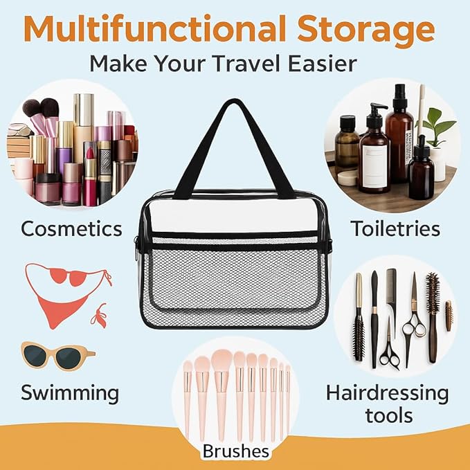 XEWEA 2PCS Middle TSA Approved Clear Travel Toiletry Bags for Men Women, Transparent Makeup Cosmetic Bag with Handle Zipper, Waterproof PVC Quart Organizer Pouch for Airport Airline Essential, Balck