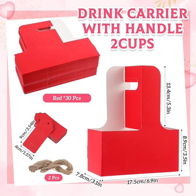 MotiMind 50 Pack Mother's Day 2 Cup Drink Carrier with Handle, Kraft Paperboard Teacher Cup Holder Portable for Hot Cold Drinks, Coffee Carrier Gift with Heart Card Rope (Red)