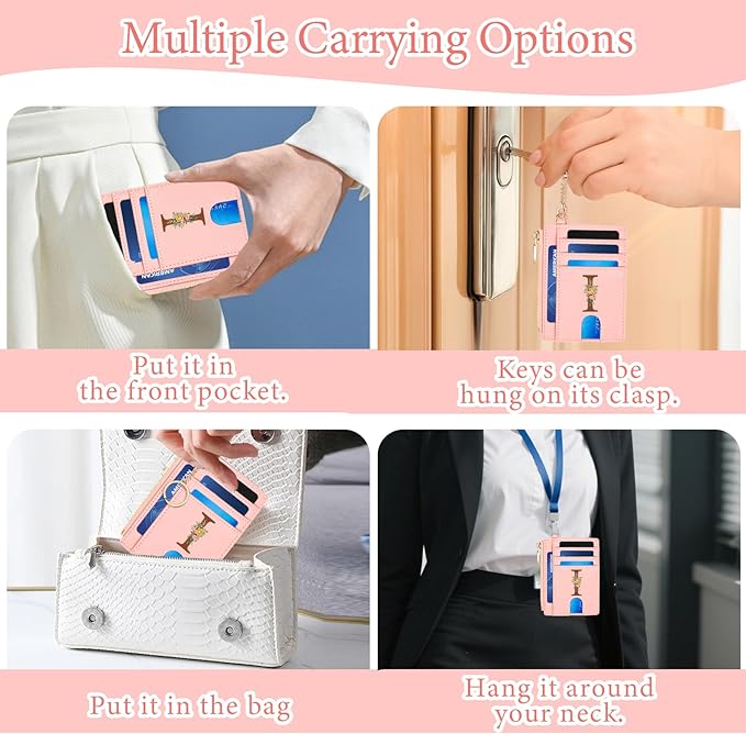 Slim Wallet for Women Slim Leather Card Case Holder Wallet Coin Change Purse with Keychain,Personalized Birthday Gifts for Women Her Freind Sister Girlfriend,Initial Letter I(Pink)