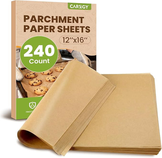 CAREGY 240Pcs Unbleached Parchment Paper Sheets, 12 x 16 Inch,Precut Non-Stick Parchment Paper for Baking,Cooking, Grilling, Air Fryer and Steaming,Fit for Half Sheet Pans