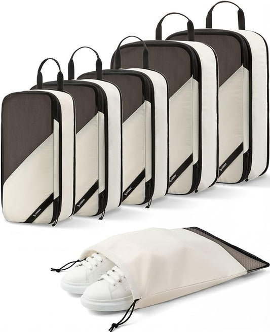 LUGGEX 6 Set Compression Packing Cubes for Travel, POX01 Luggage Organizer Bags, Suitcase Organizer with Shoe Bag Travel Accessories Essentials for Carry-on & Checked (POX-Core, Beige)