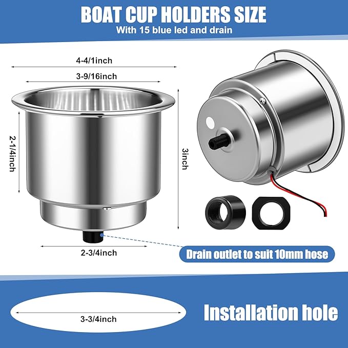 Yexiya 6 Pcs LED Cup Holder Marine Drink Holder Stainless Steel Cup Holders Insert with Drain for Boat Yacht Car Camper Truck RV(White)