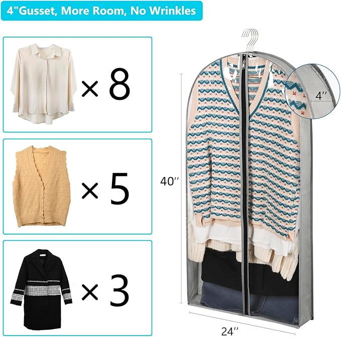 3 Pack 40" Garment Bags for Hanging Clothes Storage, Clear Suits Covers with 4" Gussets for Closet Storage Travel, Plastic Protector for Coat, Jacket, Sweater, Shirts