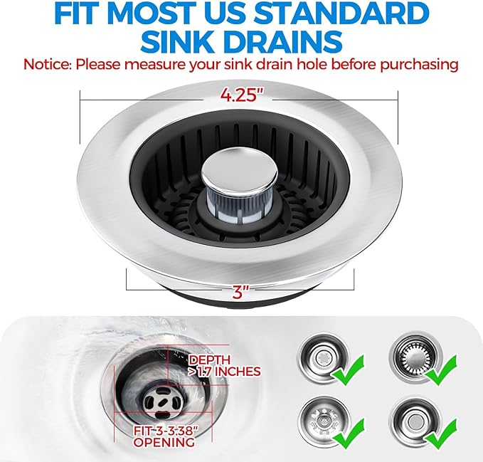 zaa Sink Drain Strainer - 3 in 1 Kitchen Sink Stopper, Stainless Steel Kitchen Drain Plug & Cover with Anti-Clogging Basket Strainer, Fit US Standard 3-1/2'' Sink Drain Hole, Brushed Black