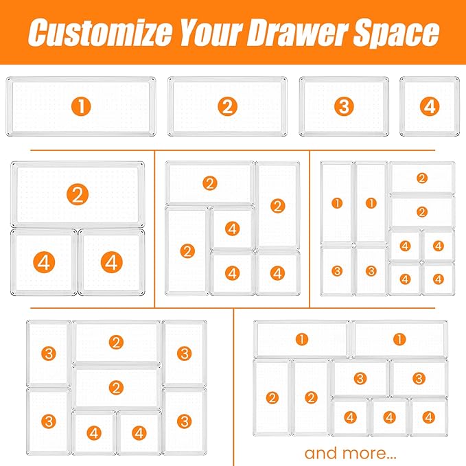 12 Pack Clear Plastic Drawer Organizer Set, Acrylic Non-Slip Non-Cracking Kitchen Drawer Storage Tray Large Size Divider, Multifunctional Storage for Cosmetics, Bathroom, Tools, Kitchen, and Office