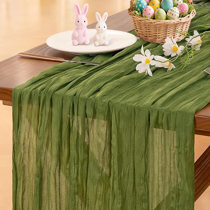Socomi Moss Green Summer Cheesecloth Table Runner Boho Rustic Gauze 120 inch 10FT Cheese Cloth Sheer Runner for Wedding Party Baby Shower Birthday Home Decor Holiday Decorations
