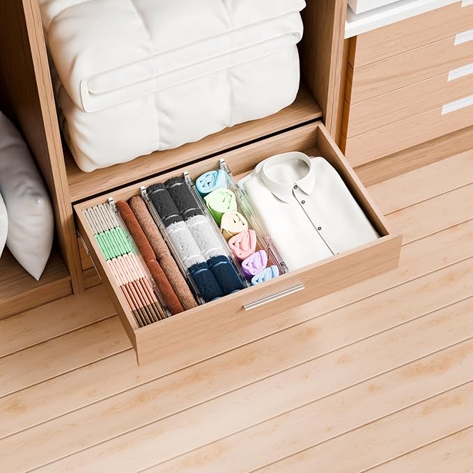 Yieach 4 Pack 3.2 Inch Shallow Acrylic Drawer Dividers for Clothes -Expandable from 15-21''- Adjustable Drawer Dividers for Baby Clothing,Sock,Underwear,Clear in Drawer Separators for Dresser,Kitchen