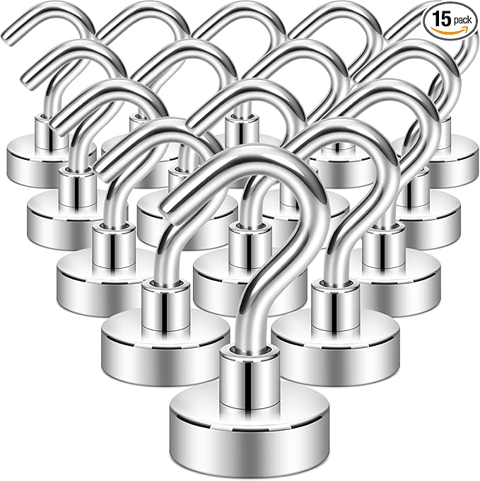Neosmuk Magnetic Hooks, Heavy Duty 30lb+ Strong Magnet Hook for Cruise Cabins, Cruise Ship Essentials for Hanging, Metal Wall Refrigerator Hangers (Silver White, 15 Pack)