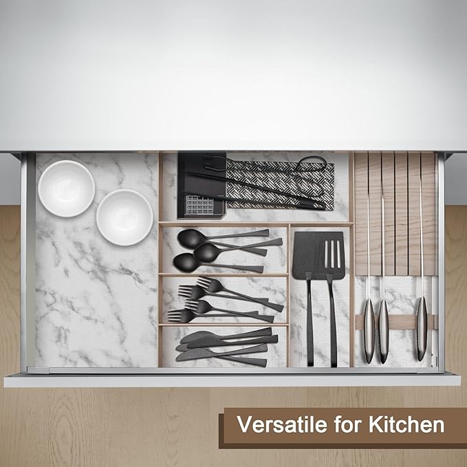 OcePor Non-Adhesive Drawer and Shelf Liner 12IN x 20FT，Non Slip Cabinet and Cupboard Liner, Kitchen Cabinet Liners for Shelves, Waterproof Drawer Shelf Liners for Cabinets/Bathroom Cupboard, Marble