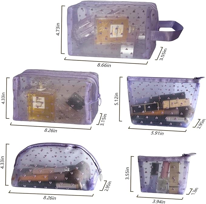 5-Piece Heart Printed Mesh Makeup Bag Set, Portable Travel Cosmetic Bags Toiletry Bags Purse Bags Makeup Bags Zipper Mesh Storage Pouches for Home Offices Travel Accessories (Purple)