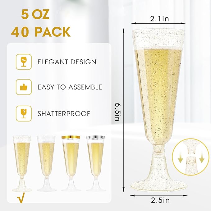 SUREHOME Champagne Flutes Plastic 40 Pcs Gold Glitter Champagne Glasses Disposable Mimosa Glasses Sparkle Clear Acrylic Wedding Toasting Cocktail Cups Bulk for Bridal Shower Birthday Party Supplies