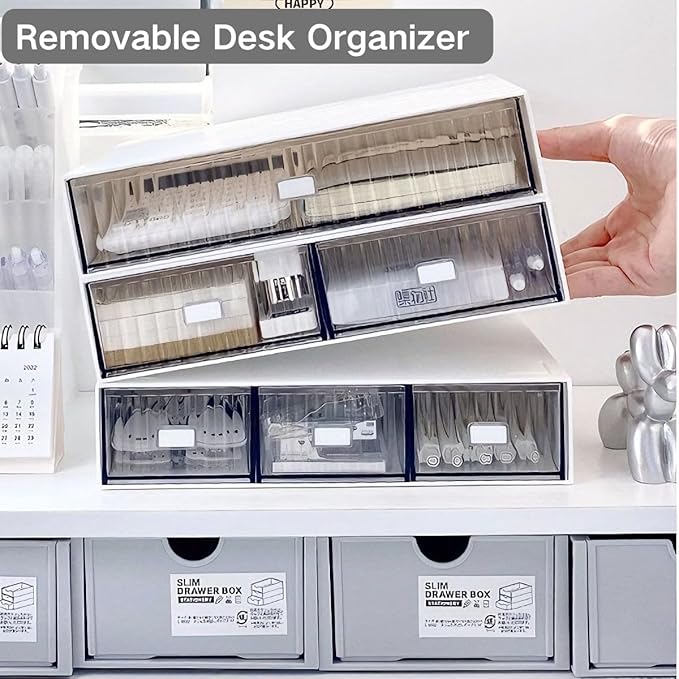 Hacaroa 3 Tier Mini Desk Organizer with 6 Drawers, Plastic Desktop Drawers Storage Box, Stackable Makeup Organizer Craft Storage Case for Office, School, Bathroom, Detachable Design, White