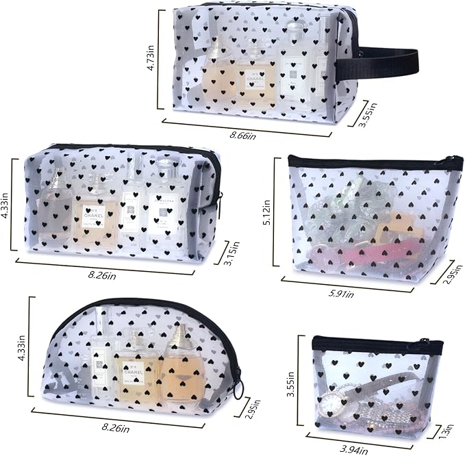 5-Piece Heart Printed Mesh Makeup Bag Set, Portable Travel Cosmetic Toiletry Purse Bags, Zipper Storage Pouches for Home Offices Travel Accessories (White)