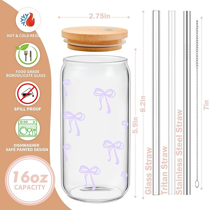 Coquette Cute Lavender Light Purple Bow Glass Cups with Lids and Straws, Aesthetic Iced Coffee Cup Preppy Room Decor, Christmas Valentines Birthday Gifts for Women, Teen Girl Gifts Trendy Stuff