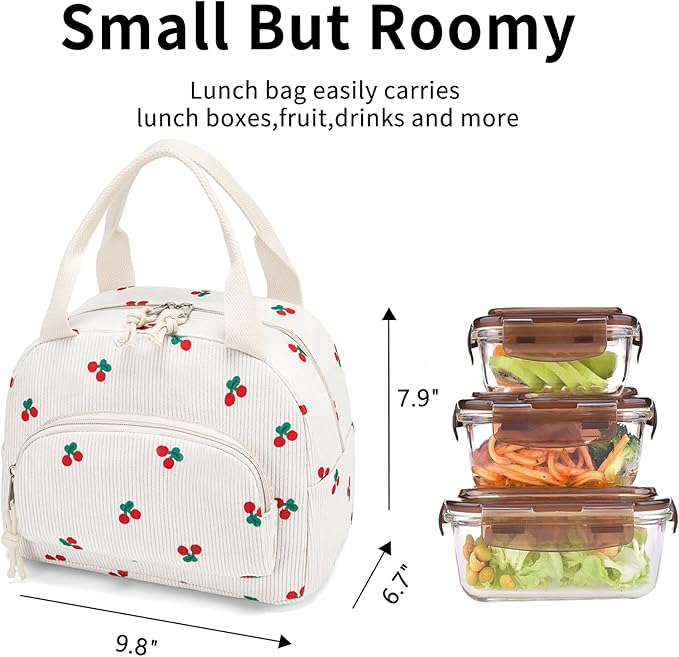 Lunch Bag Women Lunch Box for Women Adult Cute Insulated Lunch Bag Small Cooler Lunch Tote Bags for Work Picnic Travel (Beige-Cherry)