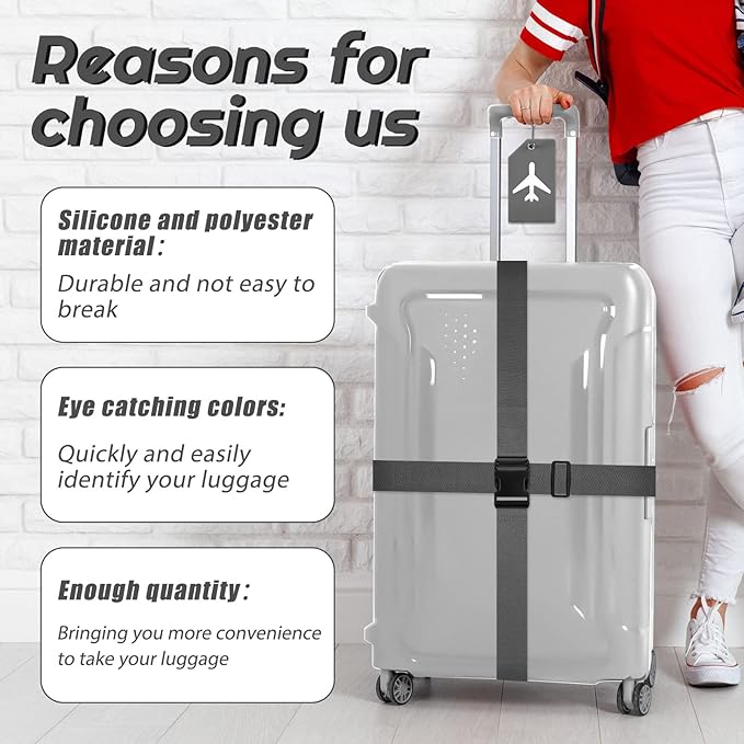 Weewooday 8 Pcs Luggage Straps Suitcase Tags Set for TSA Approved, 4 Travel Adjustable Suitcase Belt, 4 Silicone Luggage Tags with Name ID Card Travel Accessories(Dark Gray,Airplane)