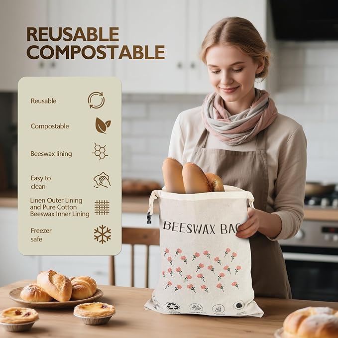2 Pack Beeswax Bread Bag,17"×13"Reusable Organic Bread Bags for Homemade Bread Sourdough,Linen Outer Lining and Pure Cotton Beewax Inner Lining Moisture-proof &Fresh-Preserving With Buckle&Bowl Covers