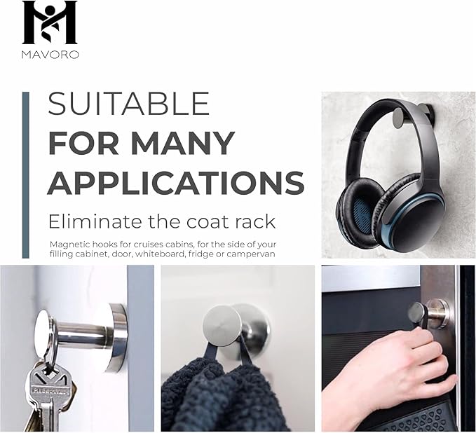 Mavoro Strong Magnetic Hooks for Hanging Coats and Bags. Set of 4 Black Magnet Hooks Heavy Duty Magnets, Neodymium 52 Rare Earth Magnets. Push Pin Style Magnet Hook for Refrigerator, Locker etc